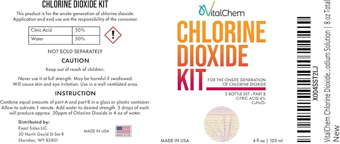 Chlorine Dioxide Kit | Glass Bottles with Droppers | Citric Acid 50% and Sodium Solution | 8 oz Total
