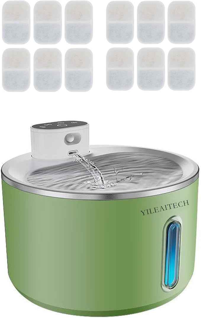 Wireless Cat Water Fountain Stainless Steel, 135oz/4L Cat Fountain, Battery Operated, Cordless Pet Water Fountain for Cats & Dogs with Motion Sensor, Ultra Quiet Pump, 12 Filters (Green, 4L)