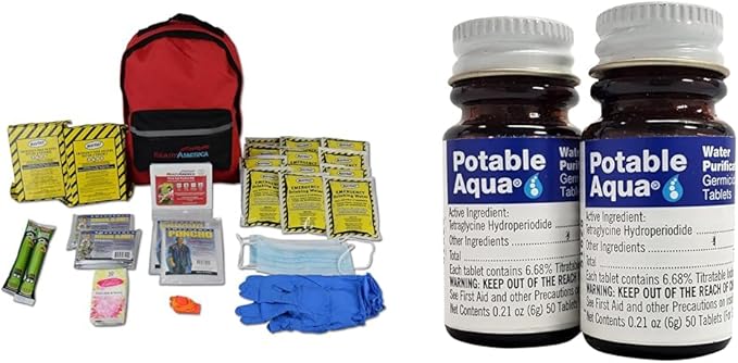 Ready America 72 Hour Emergency Kit, 1-Person, 3-Day Backpack, Includes First Aid Kit & Potable Aqua Water Purification Tablets, Portable and Effective Water Purification Solution for Camping