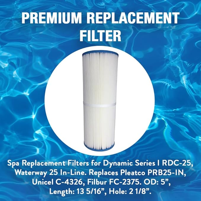 Doheny's PRB50-IN1 Spa Filter | Repl. Filter for Dynamic Series IV-DFM, Waterway 50 in-Line | Replaces Pleatco PRB50-IN, Unicel C-4950, Filbur FC-2390. OD: 5”, Length: 13 5/16”, Hole: 2 1/8” | 2-Pack