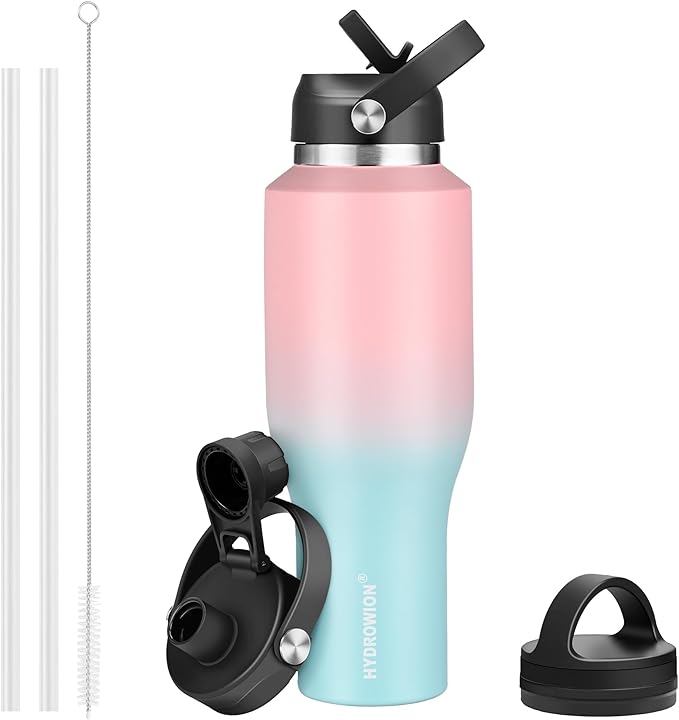 HYDROWION Vacuum Insulated Water Bottle, 40 oz Water Bottle fits in Car Cup Holder (Cold 48 hrs, Hot 24 hrs),Insulated Drinking Bottle with Straw Lid, Spout Lid and Flex Cap, Leakproof Travel Thermos