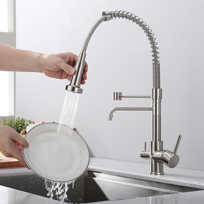 3 Way Kitchen Faucet, Drinking Water Faucet, Filter Kitchen Faucet for Water Filtration System, 3 in 1 Commercial Style Pull-Down 2 Handles, Brushed Nickel