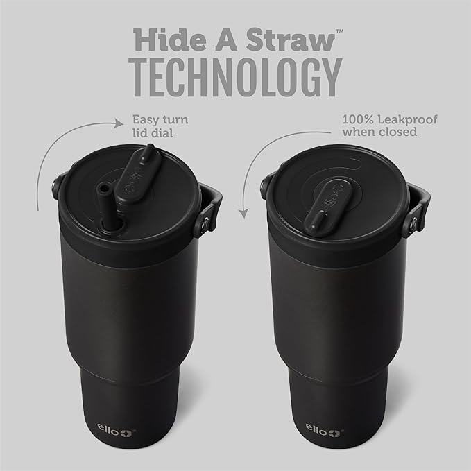 Ello Oasis Go+ 26oz Tumbler with Top Handle and Retracting Straw | Reusable Insulated Stainless Steel Cup, 100% Leakproof Water Bottle, 24 Hours Cold, Cup Holder Friendly For Travel | Black