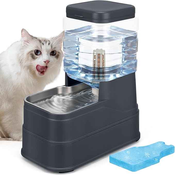 1.1 Gallon Pet Automatic Dog Water Dispenser Cat Gravity Waterer Feeder with Stainless Steel Bowl Large Capacity Puppy Feeding Raised Bowls with Filter,Ice Pack (Charcoal Gray, 4L(1.1 Gallon))
