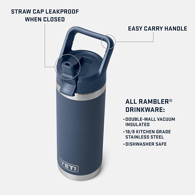 YETI Rambler 18 oz Bottle, Vacuum Insulated, Stainless Steel with Color Matching Straw Cap, Rescue Red