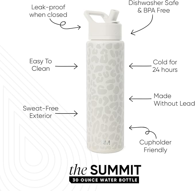Simple Modern Water Bottle with Straw Lid | Vacuum Insulated Stainless Steel Metal Thermos | Reusable Leak Proof BPA-Free Flask for Sports Gym | Summit Collection | 30oz, Cream Leopard
