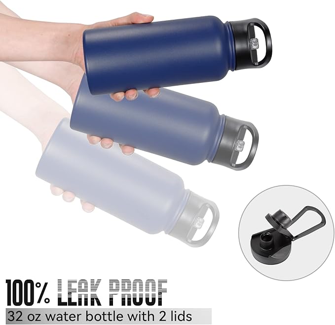 32 oz Insulated Water Bottle with Straw Lid & Wide Mouth Lids, Stainless Steel Sports Water Bottles, Double Walled Vacuum, Leak Proof, Blue