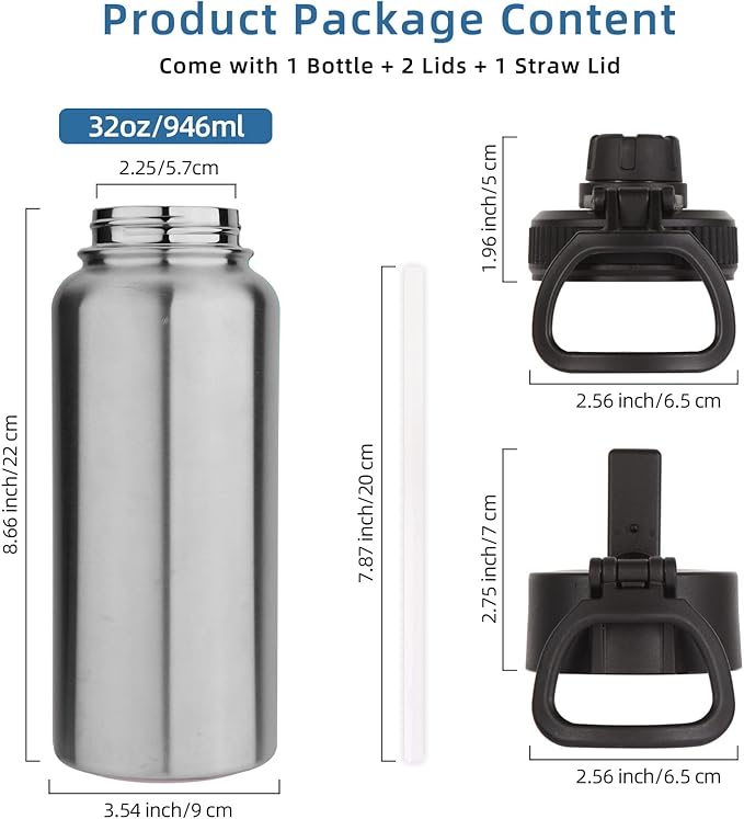 Volhoply 32 oz Insulated Water Bottles Bulk 8 Pack with Straw Lid & Spout Lid,Stainless Steel Sports Water Bottle,Double Wall Vacuum Cups,Leakproof Wide Mouth Metal Flask for Travel(Silver,8)