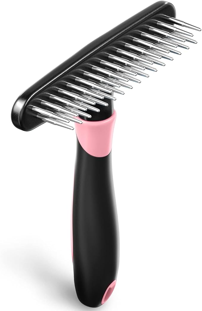 Dog rake deshedding dematting Brush Comb - Undercoat rake for Dogs, Cats, matted, Short,Long Hair Coats - Brush for Shedding, Double Row Stainless Steel pins - Reduce Shedding by 90% (Pink) - AquaVibe