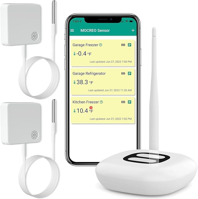 MOCREO WiFi Fridge Thermometer Freezer Alarm, App Email Alert, No Subscription Fee, 2 Remote Smart Temperature Sensors for Kitchen, Refrigerator, RV, Hot Tub