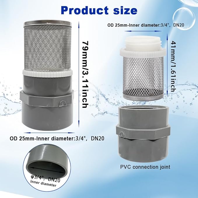 3/4" Stainless Steel Filter Cover Connected to 3/4" DN20 Grey PVC Water Pipe, Suction Strainers Used to Remove Debris and Reduce Solid Entry(1pcs)