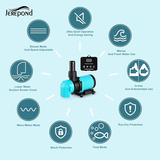 660GPH Aquarium Return pump with LCD display controller, DC 24V 25W aquarium pump for saltwater freshwater aquarium,fish tank,sump,20 speeds ECO Quiet Submersible and inline pump - AquaVibe