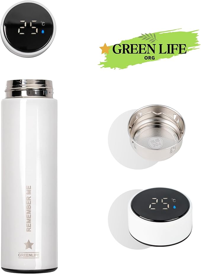 GreenLife Smart Water Bottle with LED Temperature Display, Thermostat Double Wall Vacuum Insulated Water Bottle, Cold 36 Hrs, Hot 24 Hrs, BPA-Free, Leak Proof, for Travel & Outdoor (White).