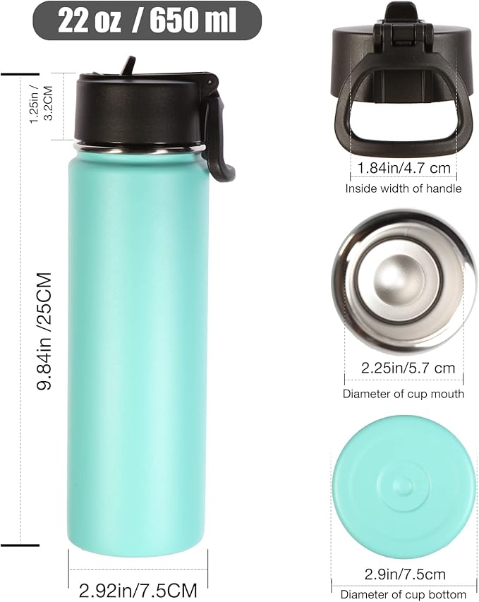 Volhoply 22 oz Insulated Water Bottles with Straw Lid, Stainless Steel Sports Bottle with Handle, Double Walled Vacuum Metal Travel Cups with Wide Mouth,Reusable Water Flask for School (Mint,1 Set)
