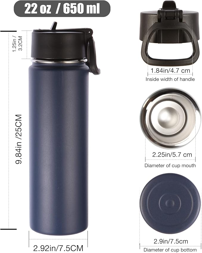Volhoply Insulated Water Bottles with Straw Bulk 2 Pack, 22 oz Reusable Stainless Steel Sports Bottle with Handle Lid, Double Walled Vacuum Metal Travel Cold Water Cups with Wide Mouth (Navy,2 Set)