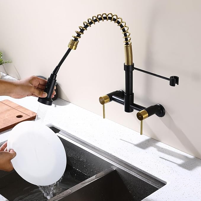 Wall Mount Kitchen Faucet, 8 Inch Center Wall Mount Kitchen Sink Faucet with Pull Down Sprayer with Sprayer Commercial, Black and Gold