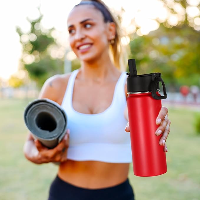 Volhoply 16 OZ Kids Water Bottle Bulk 2 Pack,Insulated Sports Bottles with Straw Lid,Stainless Steel Bottle with Handle Keep Cold & Hot,Double Wall Vacuum Tumbler Cups for School,Girls(Red, 2)