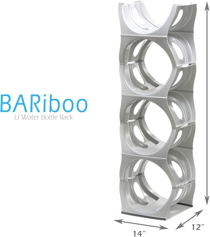Bariboo Stackable Water Bottle Storage Rack Best Water Jugs 5 Gallon Organizer. Jug Holder for Kitchen, Cabinet and Office Organizing. Reinforced Polypropylene (Silver, 4 No Shelf)
