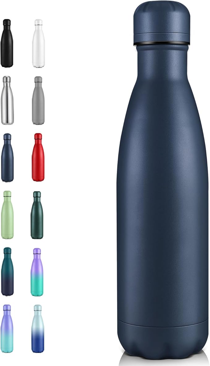 Volhoply 17oz Insulated Stainless Steel Water Bottle, Double Wall Vacuum Flask, Keeps Cold 24h & Hot 12h, Available in Packs of 1, 4, 8, or 12（Nvay,1 Pack）