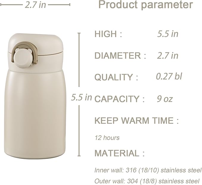 9 oz Mini Water Bottle Small Stainless Steel Thermoses - Insulated Vacuum, Leak Proof, Keeps Drinks Hot/Cold - Ideal for Coffee, beverage, Water - White