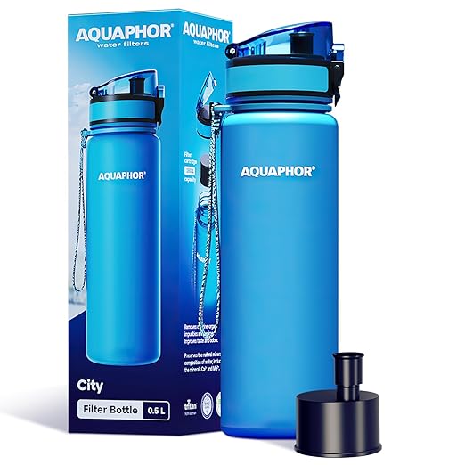 AQUAPHOR City Filtered Water Bottle in Tritan BPA-free - Portable with Integrated Water Purifying Filter 500 ml - Blue