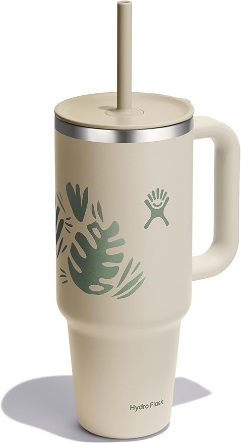 Hydro Flask Travel Tumbler with Handle, Lid and Straw - Insulated Stainless Steel in 40 Oz Botanical Bliss Coconut