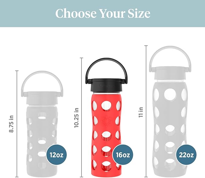 Lifefactory 16-Ounce BPA-Free Glass Water Bottle with Classic Cap and Protective Silicone Sleeve, Poppy