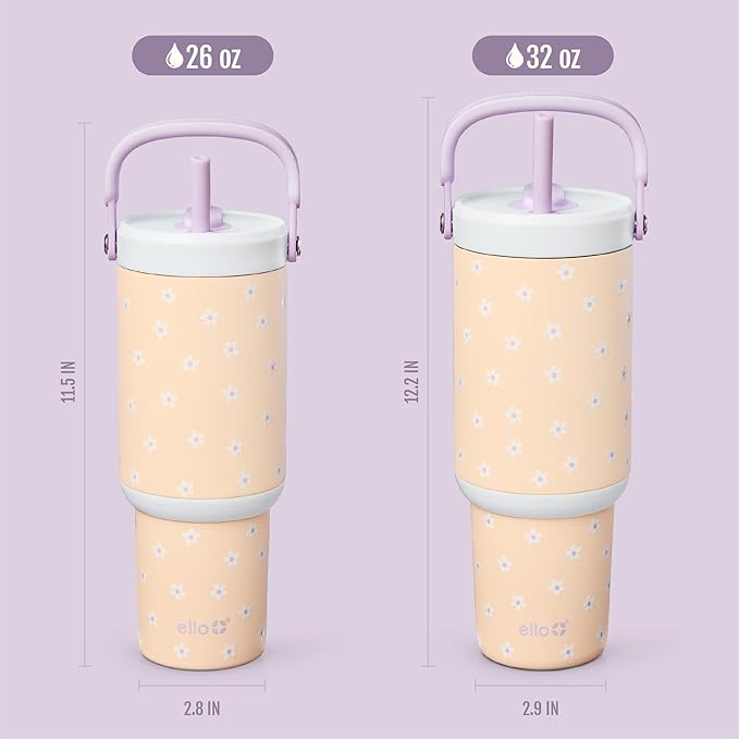 Ello Oasis Go+ 32oz Tumbler with Top Handle and Retracting Straw | Reusable Insulated Stainless Steel Cup, 100% Leakproof Water Bottle, 24 Hours Cold, Cup Holder Friendly For Travel | Daisies