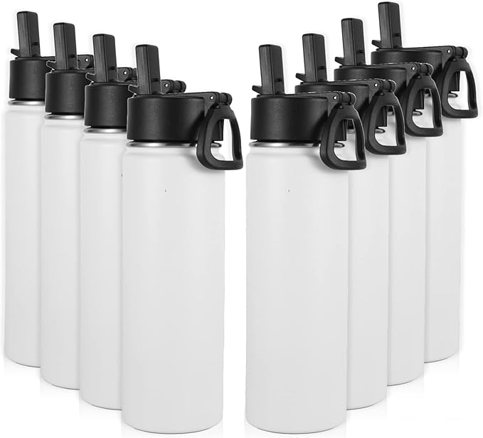 Volhoply Insulated Water Bottles with Straw Bulk 8 Pack,Not Suitable for Sublimation, 22 oz Stainless Steel Sports Bottle with Handle Lid,Metal Travel Water Cups with Wide Mouth(White,8 Set)