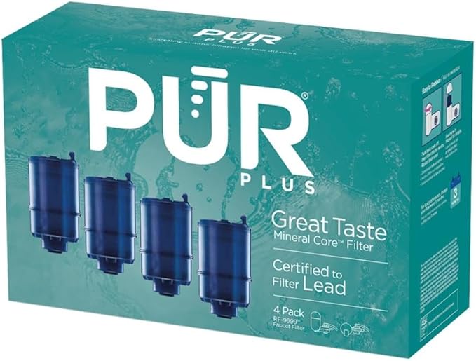 PUR Plus Faucet Mount Replacement Filter 4-Pack, Genuine PUR Water Filter for Sink Faucet, 3-in-1 Mineral Filtration, Lead Reducing, 1-Year Value, Blue (RF99994)