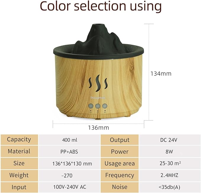 Volcano Cool Mist Essential Oil Diffuser & Humidifier for Bedroom 5 Light Modes Scent 400ml Small Size Large-Capacity, Maximum 36H Ultra-Quiet Aromatherapy for Office, Home, Study and Deep Sleep