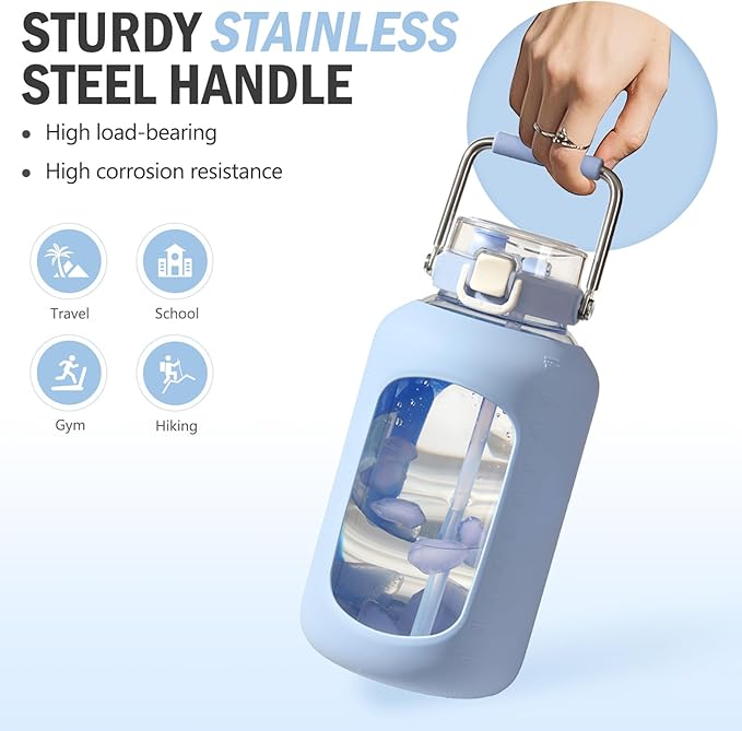 BLUEGO 100 oz Glass Water Bottle with Straw, Huge 3 Liter Water Bottle with Sturdy Handle, Glass Water Jug with Sleeve, Wide Mouth Water Container with Time Marker, Blue
