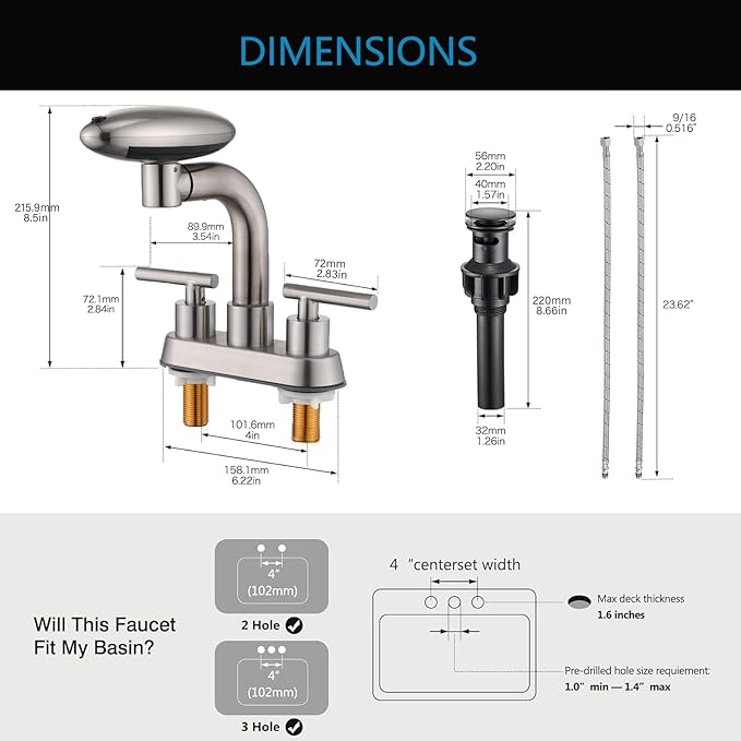 TUTEW Brushed Nickel Pull-Down Bathroom Faucet – 4-Inch Widespread 3-Hole Design, 360° Swivel Spout, 4 Spray Modes with Pop-Up Drain, Easy Install