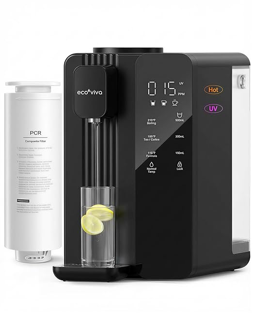 Ecoviva Countertop Reverse Osmosis Water Filter with UV - 7-Stage Purification, Instant Hot Water (212°F), Real-Time TDS, 3:1 Pure to Drain, Desktop Water Purifier Ideal for Apartment & Dormitory