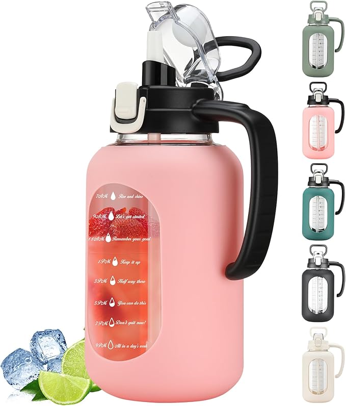 64 oz Glass Water Bottle with Handle and Straw Large 2L Water Bottle with Time Markers and Silicone Sleeve Half Gallon Water Jug BPA Free for Gym Daily Use