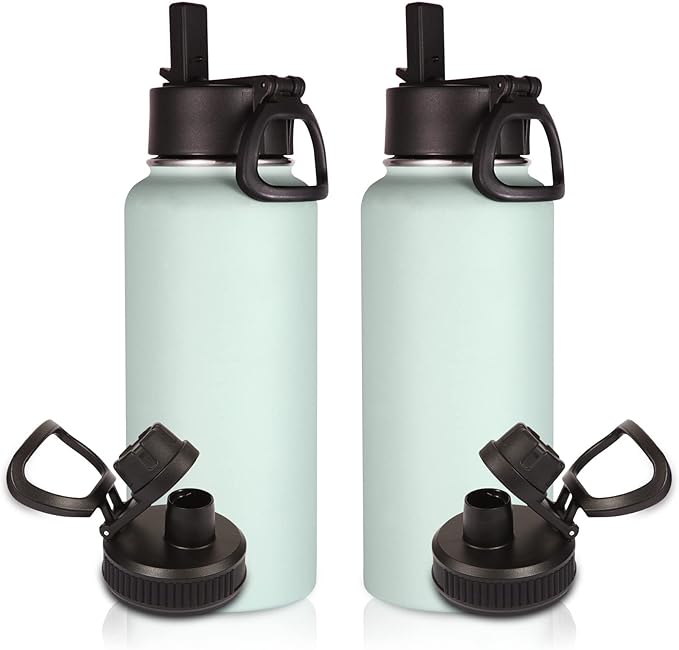 Volhoply 32 oz Insulated Water Bottles Bulk 2 Pack with Straw Lid & Spout Lid,Stainless Steel Sports Water Bottle,Double Wall Vacuum Cups,Leakproof Wide Mouth Metal Flask for Hiking,Camping(Fog,2)