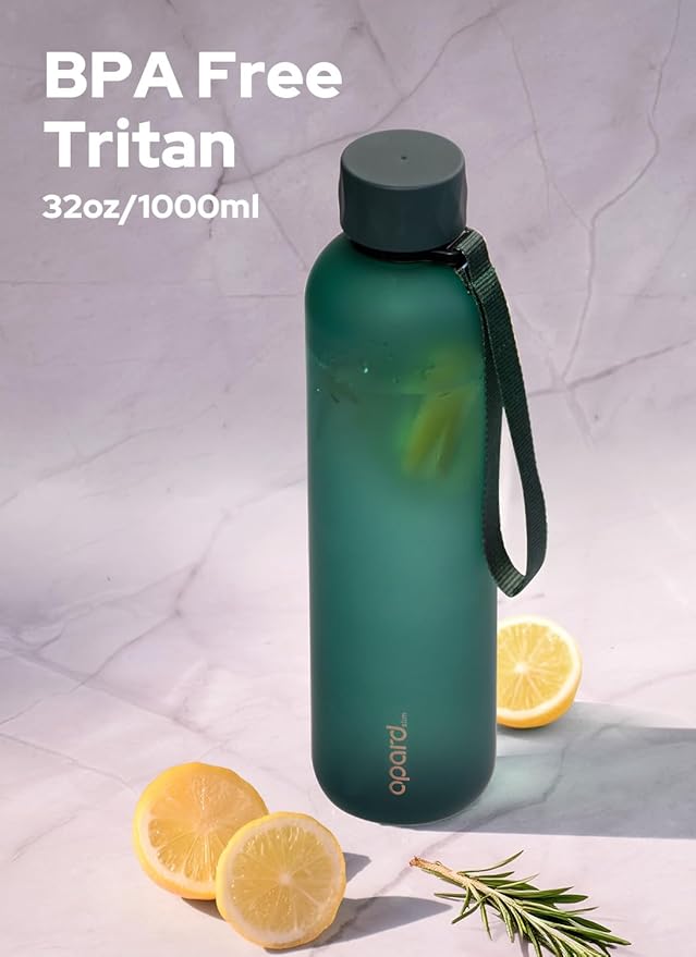Opard Slim Pro Water Bottle 32oz, Plastic Water Bottle BPA-Free, Facetted Rubberized Grip-Texture Monocap, Leakproof Screw Top, Forest Green, Reusable for Travel School Sport Gym Hiking