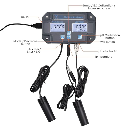 Water Quality Tester pH/EC/TDS/Salinity/SG/Temperature with Easy Calibration 24Hrs Online APP Monitoring for Fish Tank Aquariums Home Laboratory Smart Instrument