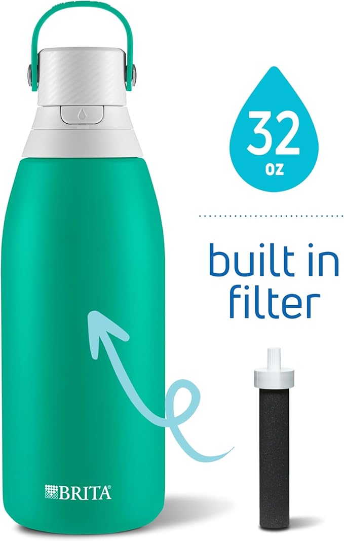 Brita Insulated Filtered Water Bottle with Straw, Reusable, Stainless Steel Metal, Jade, 32 Ounce