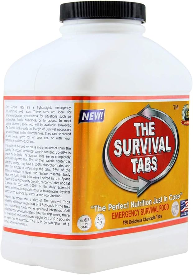 Survival Tabs 15-Day 180 Tabs Emergency Food Ration Survival MREs Food Replacement for Outdoor Activities Disaster Preparedness Gluten Free and Non-GMO 25 Years Shelf Life Long Term - Chocolate Flavor