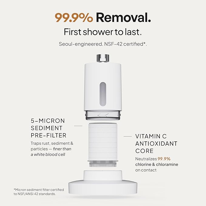SecondShower Filtered Shower Head for Hard Water, Clinically Proven for Skin Health, NSF Certified 99.9% Chlorine Removal, High Pressure, Korean Beauty Secret Natural Filter Matte White - Pure Silver