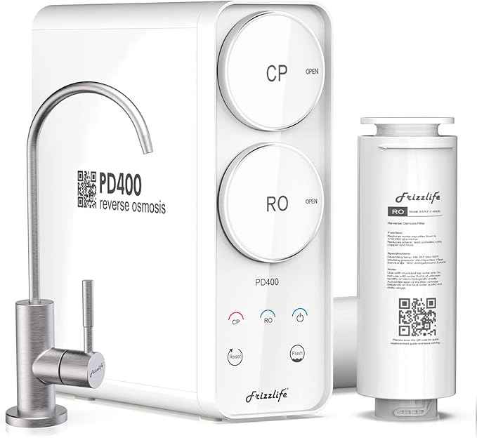Frizzlife Reverse Osmosis System - Tankless 400 GPD Drinking Water Filtration System, Quick Twist Under Sink RO Filter - 1.5 : 1 Pure to Drain - Reduce TDS, Compact Footprint, USA Tech Support, PD400
