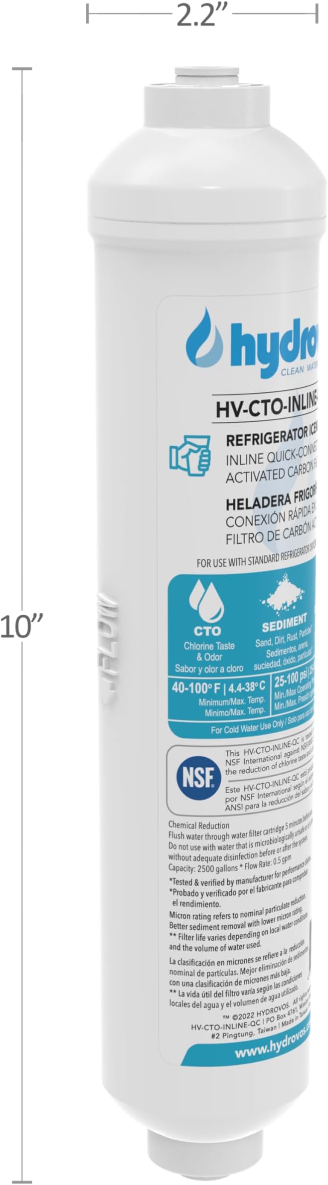 HYDROVOS Inline Water Filter for Refrigerator, Ice Maker, Reverse Osmosis System, 1/4" Push-In Quick Connect, 10" Carbon Water Filter Reduces Chlorine Taste & Odor for Drinking Water, RV Water Use