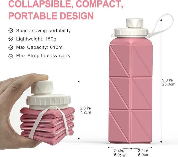 BEAUTAIL Collapsible Water Bottles 20.6oz, Silicone Foldable Portable Travel Water Bottle, BPA-Free, Leakproof Reusable for Traveling Camping Hiking Sports Outdoor, 3 Pack (Blue+Pink+Starlight)