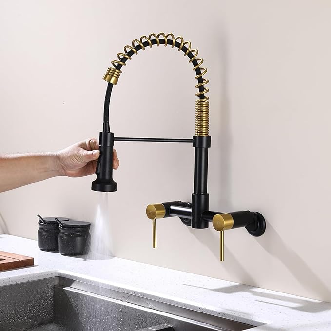 Wall Mount Kitchen Faucet, 8 Inch Center Wall Mount Kitchen Sink Faucet with Pull Down Sprayer with Sprayer Commercial, Black and Gold