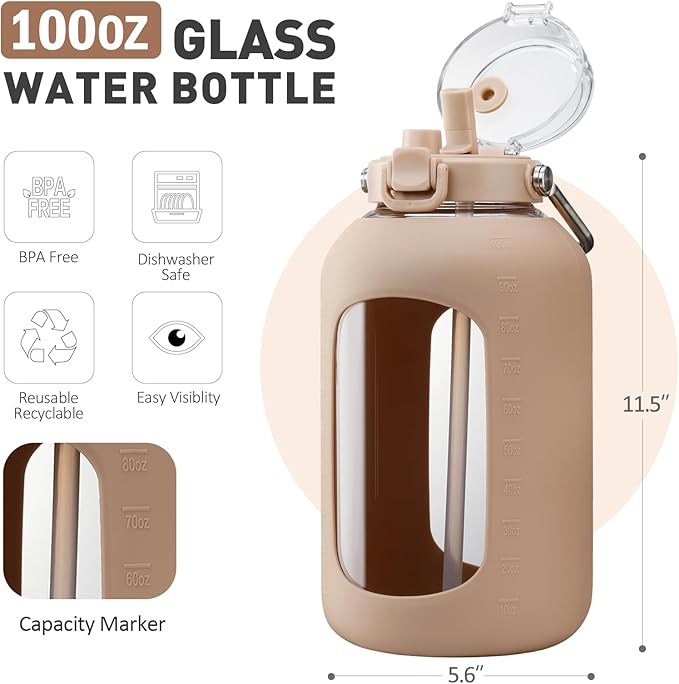 BLUEGO 100 oz Glass Water Bottle with Straw, Huge 3 Liter Water Bottle with Sturdy Handle, Glass Water Jug with Sleeve, Wide Mouth Water Container with Time Marker, Amber