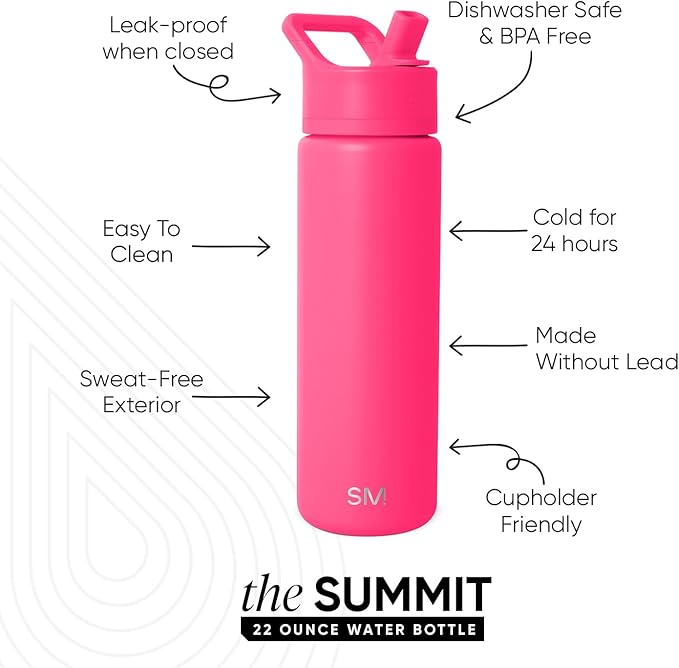 Simple Modern Water Bottle with Straw Lid | Vacuum Insulated Stainless Steel Metal | Reusable Leak Proof BPA-Free Cup for School | Summit Collection | 22oz, Malibu