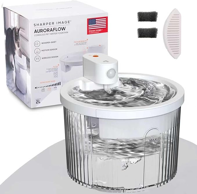 Sharper Image Wireless Water Fountain for Cats, 68oz/2L Ultra Quiet Pump Cordless Cat Water Fountain, Rechargeable Cat Drinking Fountain with Motion Sensor, 2 Replacement Sponge Filters & Mat