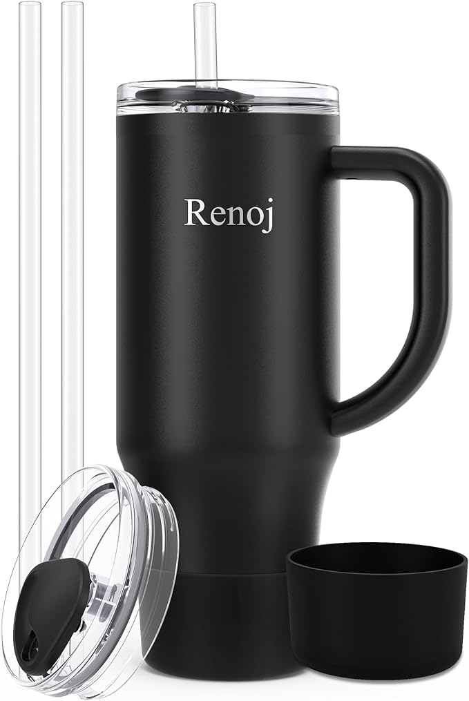 Renoj Cup Set 100% Spill Resistant Insulated Water Bottle for Iced Coffee & Hot Drinks - Fits Car Cup Holder, Ideal Gift, 2 Straws & Silicone Boot BPA-Free - FlexSlide Black 40 oz