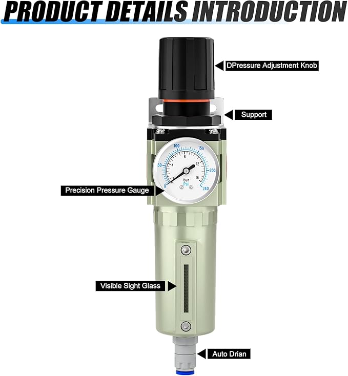 3/4" NPT Heavy Duty Industrial Grade Air Compressor Moisture Filter, Auto Drain, Particulate Filter and Air Regulator For Plasma Cutter and Paint Spray - AquaVibe